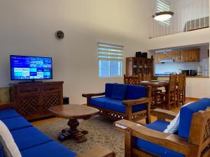 a living room with blue furniture and a television at La Casa de la Glorieta in Guanajuato