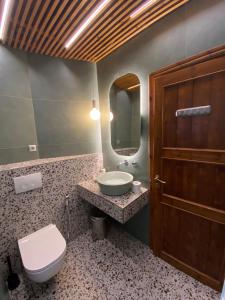 La salle de bains est pourvue d'un lavabo, de toilettes et d'un miroir. dans l'établissement Villa Pasithea, à Panteleímon