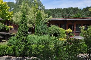 a garden in front of a building with trees and bushes at Ośrodek Edward in Mikoszewo