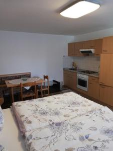 a kitchen with a large bed in a room at Ferienwohnung Schwarzbauer in Illmitz