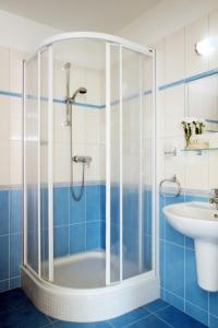 La salle de bains est pourvue d'une douche et d'un lavabo. dans l'établissement Hotel U Karla, à Prague