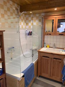 a bathroom with a shower and a sink at Ysermonde Fisherman's Cottage in Nieuwpoort +37 photos