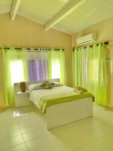a bedroom with a bed with green curtains at Tropical Coral in San Andrés