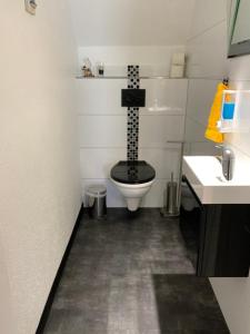 ein Bad mit einem schwarzen WC und einem Waschbecken in der Unterkunft Hotel Am Müritzhafen garni in Waren (Müritz)