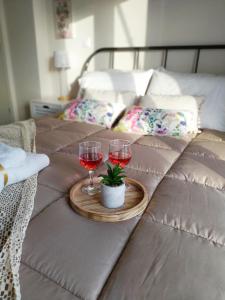 dwa kieliszki wina i doniczkę na łóżku w obiekcie Home Up w mieście Tríkala