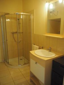 a bathroom with a glass shower and a sink at Domaine De Pradines in Lanuéjols +140 photos