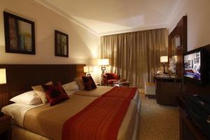 a hotel room with a bed and a television at Hala Hotel & Aqua Park in Bissau