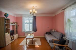 a living room with pink walls and a couch at Timemachine Apartment in Valmiera