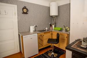 a kitchen with a counter and a sink and a chair at Timemachine Apartment in Valmiera