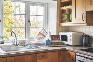 a kitchen counter with a sink and a microwave at Tree Pipit Cottage in Stockland