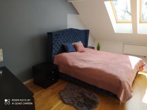 - une chambre avec un lit doté d'une tête de lit bleue et d'une fenêtre dans l'établissement Apartament Agiczar, à Giżycko