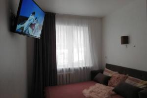 uma sala de estar com um sofá e uma televisão de ecrã plano em Comfortable studio m Vokzalna em Kiev