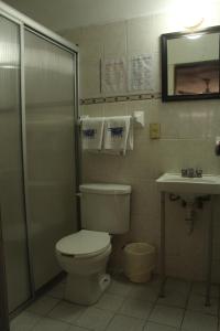 a bathroom with a toilet and a shower and a sink at Hotel California in Mazatlán