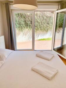 - un lit avec 2 oreillers devant une fenêtre dans l'établissement Gite "Au Pied des Vignes" à Kaysersberg, à Kaysersberg