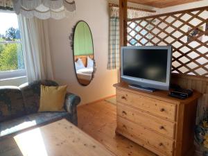 ein Wohnzimmer mit einem TV und einem Surfbrett an der Wand in der Unterkunft RUHEOASE LEX - vorm DerDieDasWohnen - der Bauernhof in Leutschach