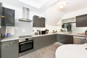a kitchen with stainless steel appliances and gray cabinets at Pier House Luxury Apartment in Dingle