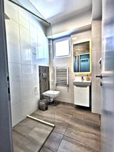 een badkamer met een wastafel en een toilet bij Guest rooms Denicija in Skopje