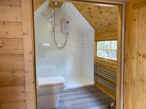 uma casa de banho com um chuveiro e um WC. em Woodland Lodge Oxen Craig em Kintore