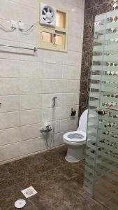 a bathroom with a toilet and a glass shower stall at منتجع إطلالة السودة in Abha +36 photos