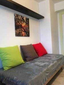 - un canapé avec trois oreillers colorés dans l'établissement Studio COCONUT, à Chambéry