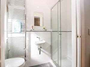 a bathroom with a shower and a toilet and a sink at Courtyard Cottage in Letham