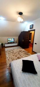 a living room with a bed and a television at Dom Semya Deluxe Gusar in Qusar