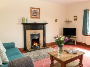a living room with a fireplace and a tv at Sunnyside Cottage in Stainton