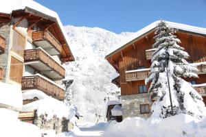 un edificio cubierto de nieve con un árbol cubierto de nieve en Chalet Bouquetin- Blanchon 10 to 14 people, en Champagny-en-Vanoise