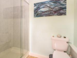 La salle de bains est pourvue de toilettes et d'une peinture murale. dans l'établissement The Haven, à Great Moulton