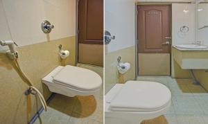 two pictures of a bathroom with a toilet and a sink at Treebo Savoury Sea Shell Residency in Bengaluru
