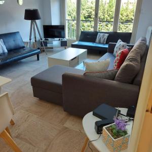 ein Wohnzimmer mit einem Sofa und einem Tisch in der Unterkunft +++++ brand new flat 4 persons near Hotel Martinez, center and Palais des festivals +++++ in Cannes