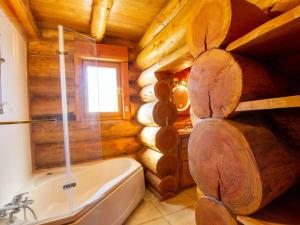 Baño en una cabaña de madera con bañera y lavamanos en Chalet de charme avec étang privé : pêche, nature et détente au cœur du Périgord - FR-1-616-72, en Dussac 16 fotos más