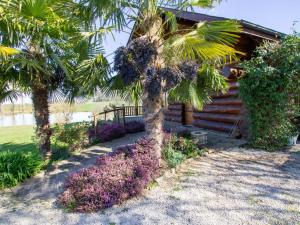 Una cabaña con palmeras y flores moradas al frente. en Chalet de charme avec étang privé : pêche, nature et détente au cœur du Périgord - FR-1-616-72, en Dussac