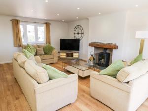 a living room with two couches and a fireplace at Holly Edge in Saltburn-by-the-Sea