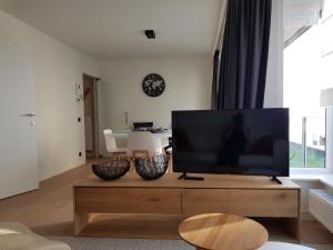 a living room with a flat screen tv on a wooden entertainment center at Koksijde Zeedijk LaDigue102 appartement-lateraal zeezicht - baby's niet meer toegestaan in Koksijde