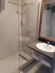 a bathroom with a glass shower and a sink at Hotel Posada in Curtea de Argeş