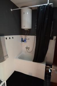 ein Badezimmer mit einer Badewanne mit Duschvorhang in der Unterkunft Country Lake House Kojicic in Virpazar