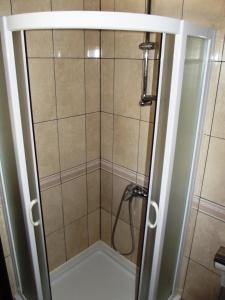 y baño con ducha y puerta de cristal. en Apartments Budva Center, en Budva