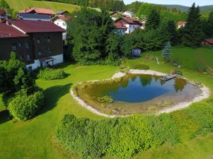 an aerial view of a small pond in a green field at Am Hermannsbachl in Bischofsmais