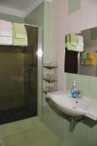 a bathroom with a sink and a shower at Penzion Sidorovo in Ružomberok +43 photos