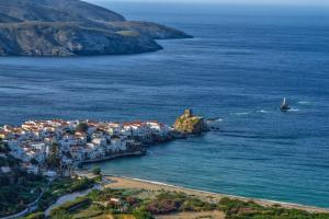 an aerial view of a town on the ocean at Castel Abaso Boutique Apartments by Explore Andros in Andros