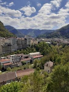 une ville avec des bâtiments et des montagnes en arrière-plan dans l'établissement La BELLE VUE, à Saint-Claude