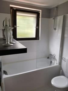 La salle de bains est pourvue d'un lavabo, de toilettes et d'une fenêtre. dans l'établissement Harzstern Bungalow Studio mit Garten, à Bad Harzburg
