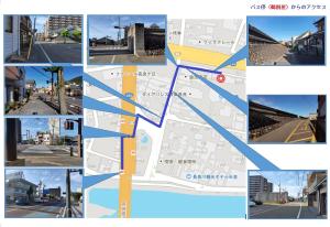 un collage de photos de rues et de bâtiments dans l'établissement ゲストハウス・東海　長良川, à Gifu