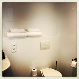 ein Bad mit WC und Handtüchern an der Wand in der Unterkunft Cleen Rochelle in Middelburg