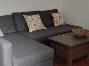 a gray couch with pillows and a coffee table at Apartamentos Bolonia - M a n u e l a in Bolonia