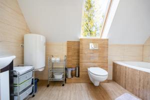 a bathroom with a toilet and a tub and a sink at Apartament Zakątek Miętusi in Kościelisko