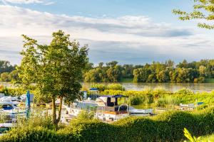 
a boat sitting in the middle of a lake at Camping & Pension Au an der Donau in Au an der Donau
