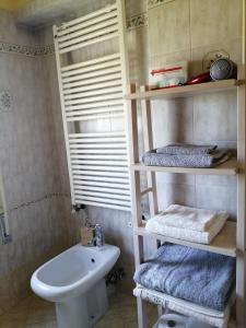 La salle de bains est pourvue d'un lavabo, de toilettes et d'étagères. dans l'établissement B&B la Casa Giusotto, à Giulianova