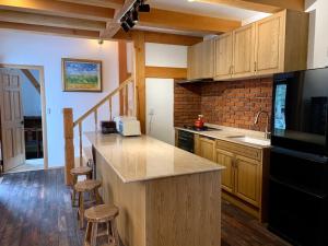 uma cozinha com armários de madeira e uma bancada em 軽井沢メイプルチューダーハウス em Karuizawa